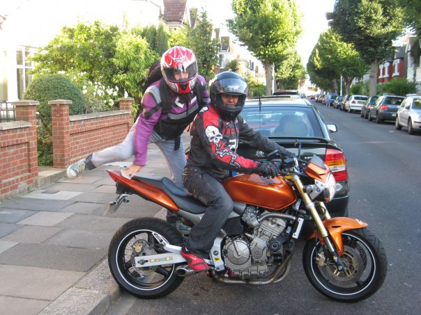 Hilary on a motorcycle