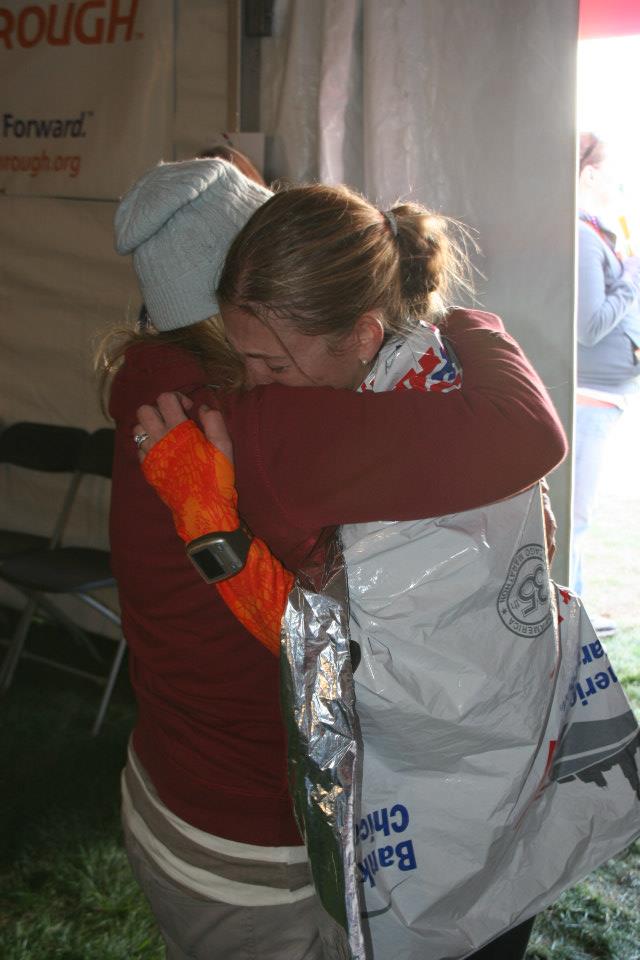 Sarah hugging mother after marathon